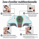 Oreiller multifonction Somnoria, zones de confort bleues, creux cervical en mousse.