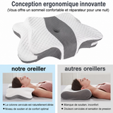 Oreiller cervical ergonomique Somnoria, blanc et gris, forme courbée avec alvéole centrale.