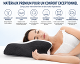 Oreiller cervical mémoire de forme, sur le côté, housse blanche et empiècements noirs.