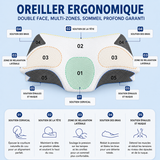 Oreiller ergonomique à soutien cervical, housse blanche à découpes papillon, vue de dessus.