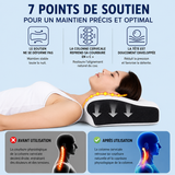 Oreiller cervical mémoire de forme, housse blanche à zones noires, soutien réparti au cou.