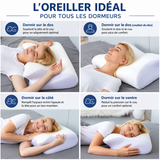 Oreiller cervical mémoire de forme, housse blanche et empiècements noirs, soutient le cou sur le dos.