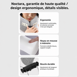 Oreiller de voyage gris à mémoire de forme, étiquettes de détails ergonomiques visibles.