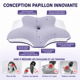 Oreiller cervical en forme papillon gris, base blanche texturée, vue de face