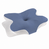 Oreiller cervical ergonomique à papillon en mousse à mémoire, bleu et blanc.