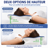Oreiller cervical à deux hauteurs, avec jauge de mesure sur le côté.