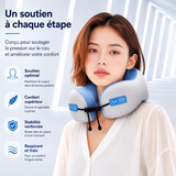 Oreiller cervical bleu à mémoire, porté sur la nuque, sangle noire.