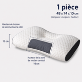 Oreiller cervical orthopédique en fibre de soja, housse blanche à motif, insert gris.