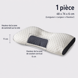 Oreiller cervical blanc à relief alvéolé, insert gris foncé, dimensions indiquées