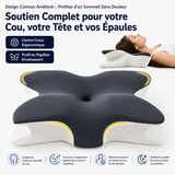 Oreiller cervical gris foncé en forme de papillon, creux central, appuis sur côtés blancs