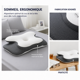 Oreiller cervical ergonomique blanc et gris, housse en tissu respirant, forme sculptée.