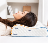 Oreiller cervical blanc en mousse à mémoire, support tête et nuque sous le cou