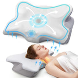 Oreiller cervical Velmora blanc, soutien cervical et flux d’air illustrés par des flèches