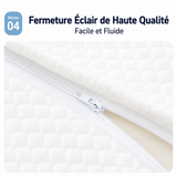 Housse d’oreiller matelassée blanche, fermeture éclair visible sur le côté