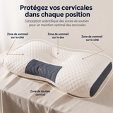 Oreiller cervical blanc à relief alvéolé, support gris foncé en forme de coussin