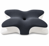 Oreiller cervical ergonomique papillon gris foncé, creux central, base blanche matelassée