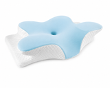 Oreiller cervical en mousse à mémoire, forme papillon bleu ciel, base blanche texturée