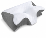 Oreiller cervical mémoire de forme, blanc avec empiècements gris foncé, forme papillon.