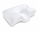 Oreiller cervical mémoire de forme, blanc, contours et côtés gris clair style papillon.