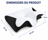 Oreiller cervical mémoire de forme, blanc avec empiècements noirs, vue avec indications de dimensions.