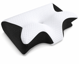 Oreiller cervical mémoire de forme, blanc avec empiècements noirs en forme de papillon.