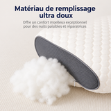 Oreiller cervical blanc à relief alvéolé, bord gris foncé et intérieur de rembourrage