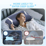Oreiller cervical papillon bleu nuit, mousse à mémoire, avec personne endormie