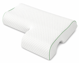 Oreiller ergonomique blanc à housse texturée, rebords verts, forme pour dormir sur le côté