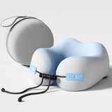 Oreiller ergonomique de voyage bleu et gris, avec cordon noir et étiquette D-X.