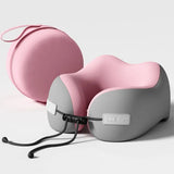 Oreiller ergonomique de voyage rose et gris, forme en U, avec cordon noir.