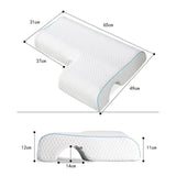 Oreiller ergonomique blanc à liseré bleu, structure en U avec creux pour l’épaule