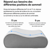 Oreiller cervical ergonomique gris, zones de hauteur 9 cm et 11 cm