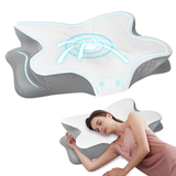 Oreiller cervical ergonomique à papillon, blanc et gris, avec zone lumineuse.