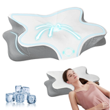 Oreiller cervical ergonomique à papillon, blanc et gris, avec indicateur lumineux.
