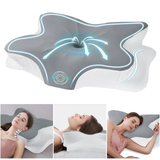 Oreiller cervical ergonomique à papillon, blanc et gris, avec indications lumineuses.