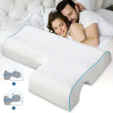 Oreiller ergonomique blanc à housse texturée, liseré bleu, forme en U pour le côté