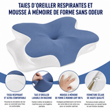 Oreiller cervical à papillon en mousse à mémoire, bleu et blanc, détails respirants.