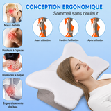 Oreiller cervical Velmora forme papillon, aide illustrée contre les douleurs cervicales