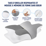 Oreiller cervical à papillon en mousse à mémoire, gris et blanc, forme ergonomique.
