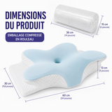 Oreiller cervical forme papillon bleu ciel, base blanche texturée, vue du dessus