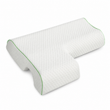 Oreiller ergonomique à mémoire de forme gris clair, surpiqûres et bordure verte