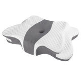 Oreiller cervical ergonomique à mémoire de forme Somnoria, blanc et gris, forme papillon.