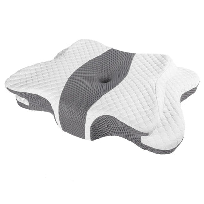 Oreiller cervical ergonomique à mémoire de forme Somnoria, blanc et gris, forme papillon.