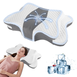 Oreiller cervical Somnoria, blanc et gris, contours bleus, zone centrale en creux pour la nuque.