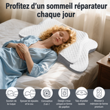Oreiller cervical Somnoria en mousse à mémoire, blanc et gris, forme papillon pour la nuque.