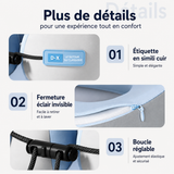 Oreiller bleu et gris, détails: étiquette en simili cuir et fermeture éclair.