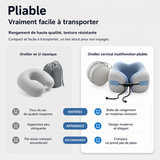 Oreiller de voyage pliable en U bleu et gris, avec cordon et sac de rangement.